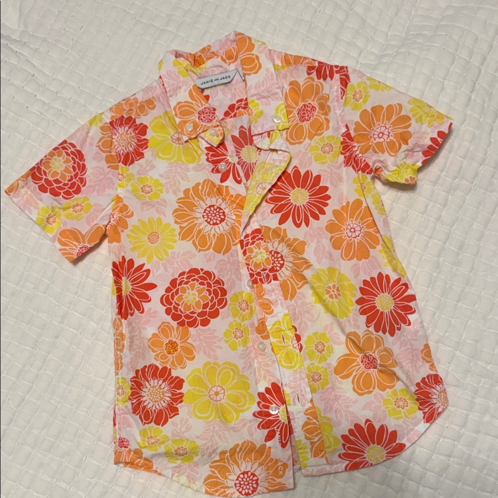 Janie and Jack Short-Sleeve Floral Button-Up Shirt - Pink & Orange Like New